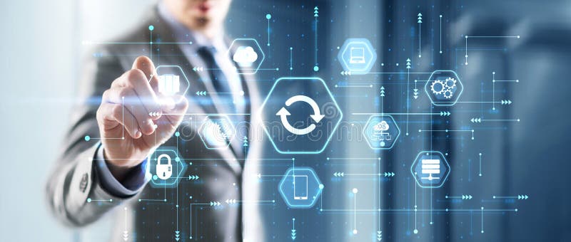 Programmkorrektursoftware für Geschäftsmann mit Touchscreen. Hardware-Upgrade-Technologie lizenzfreie abbildung