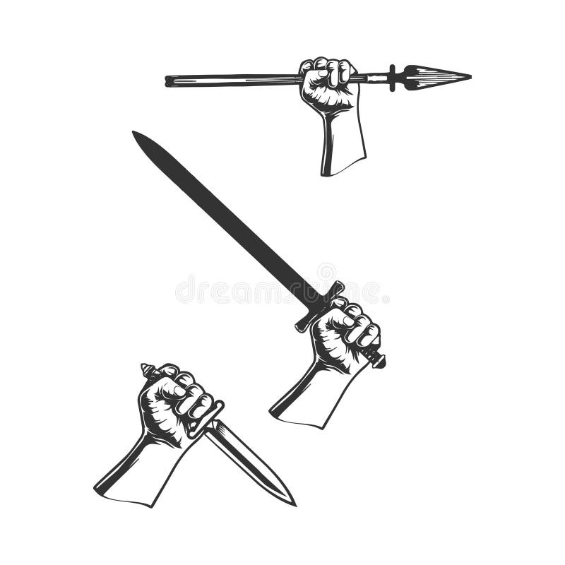 Collection of images, hands holding weapons, illustrations stock illustration Collection of images, hands holding weapons, illustrations stock illustration