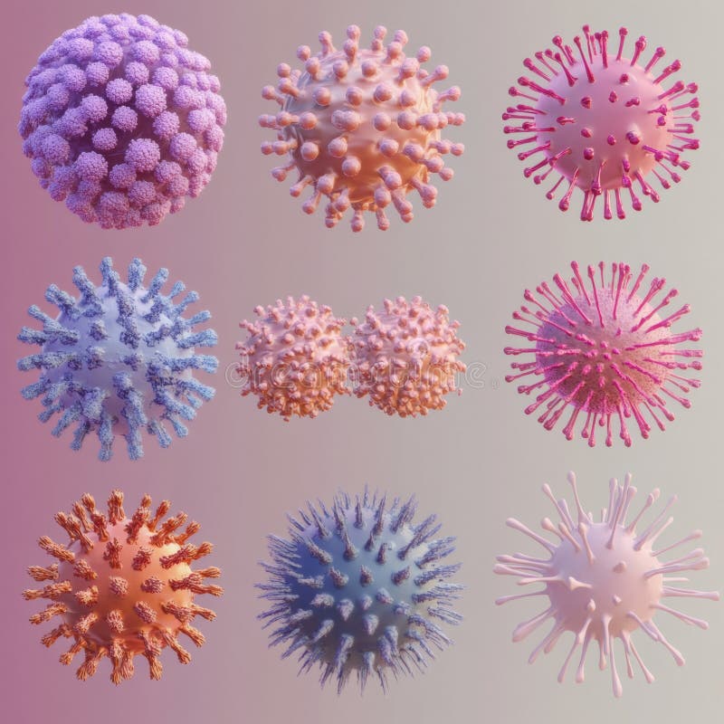 Progresia formelor de virus afișate din structurile de bază în variații complexe cu diferite texturi și culori royalty free stock photography