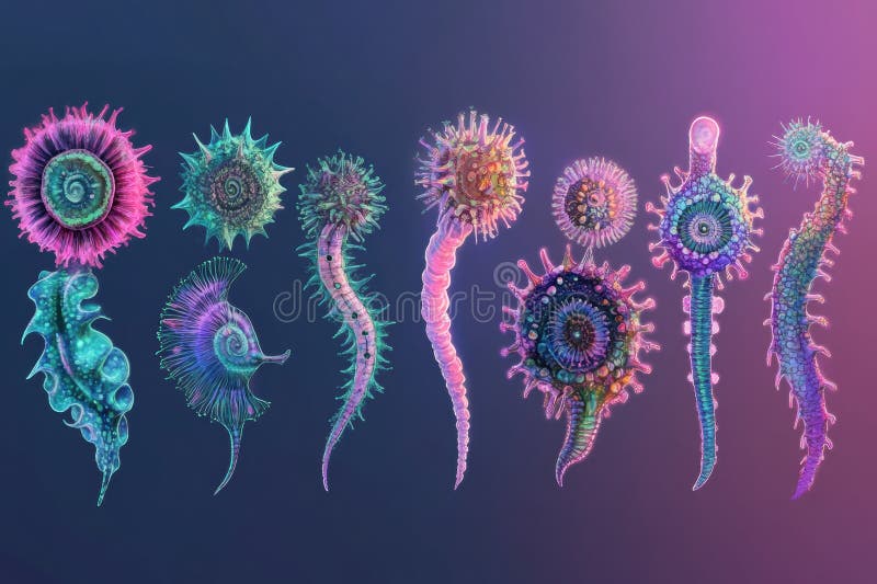Progresia formelor de virus afișate de la bază la complex într-un sistem colorat pe fond întunecat. ai generativ royalty free stock image