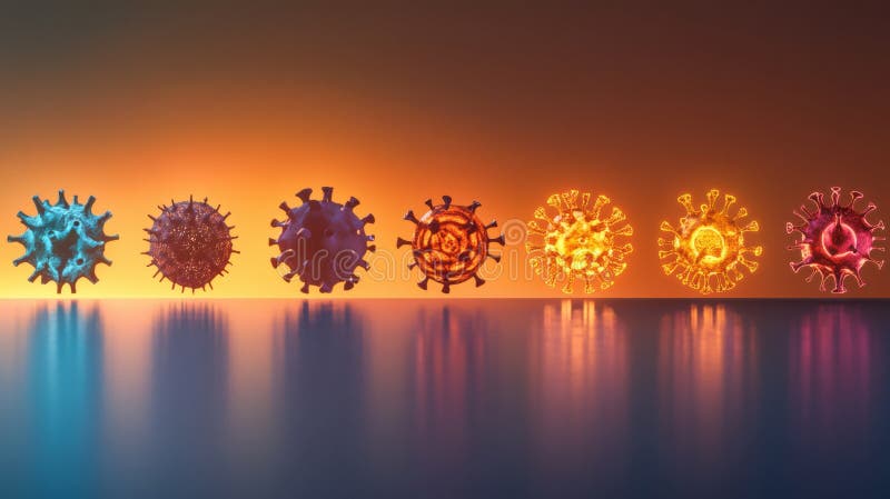 Progresia formelor de virus afișate de la structurile de bază la structurile complexe dintr-un fond viu de gradient stock photography