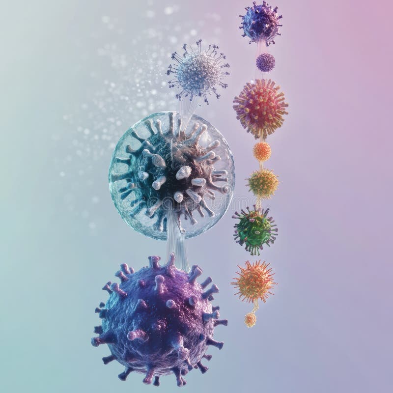 Progresia formelor de virus care ilustrează complexitatea de la structurile de bază la variantele avansate. ai generativ royalty free stock photo