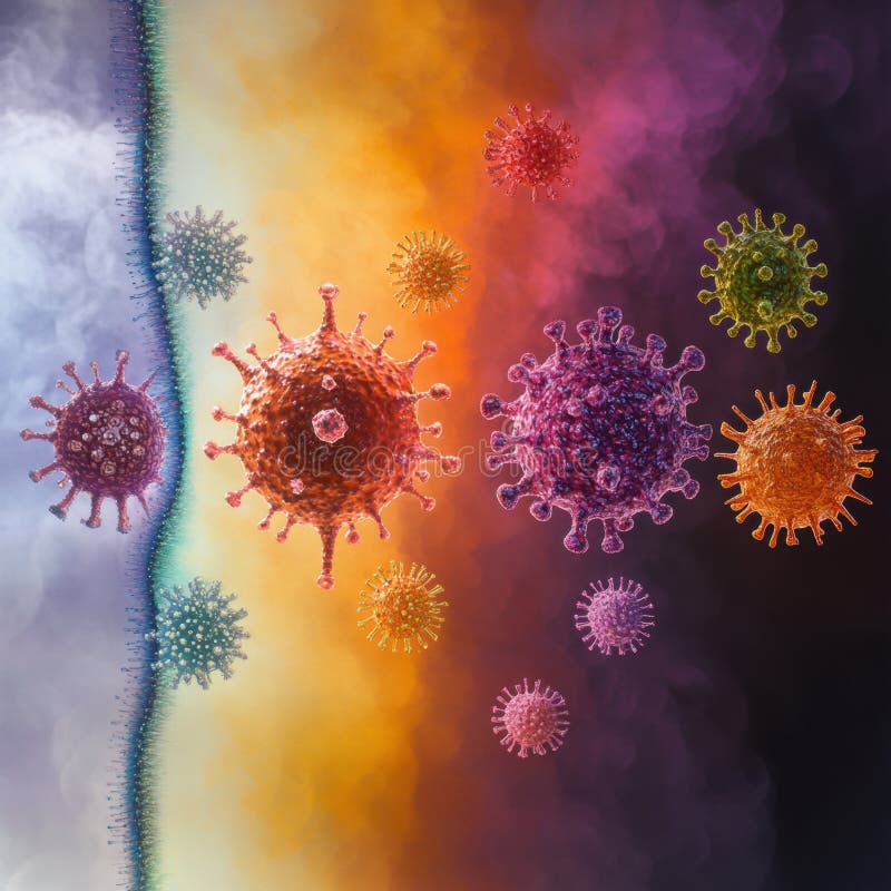Progresia formelor de virus care ilustrează evoluția de la structuri simple la structuri complexe într-un fond colorat. generativ royalty free stock photos