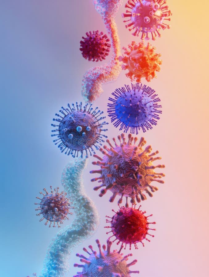 Progresia formelor de virus care prezintă evoluția de la structuri de bază la structuri complexe într-un afișaj vibrant. royalty free stock photo