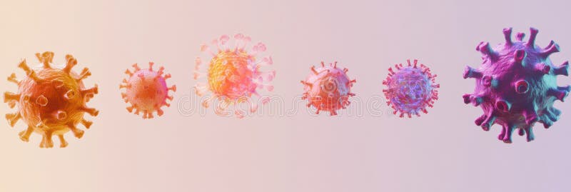 Progresia formelor de virus care prezintă evoluția de la structuri simple la structuri complexe în reprezentare colorată. ai gener stock photography