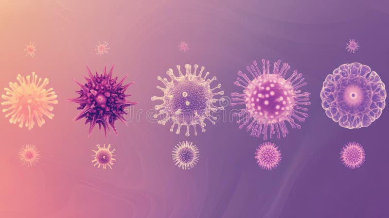 Progresia formelor de virus care prezintă tranziția de la formele de bază la structurile complexe într-o reprezentare colorată royalty free stock photography