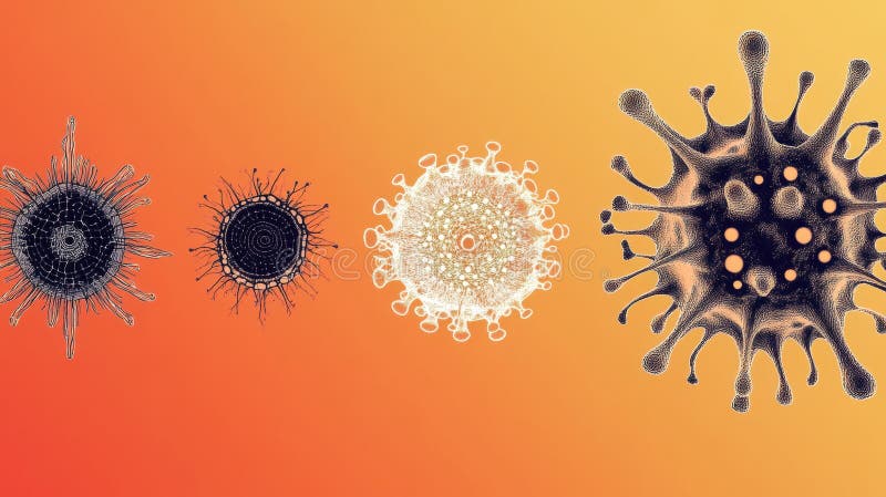 Progresia formelor de virus de la structuri de bază la configurații complexe pe fond portocaliu aprins. royalty free stock photo