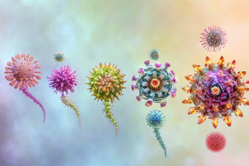 Progresia formelor de virus de la structuri de bază la proiecte complexe care prezintă diversitatea morfologică și complexitate stock photo