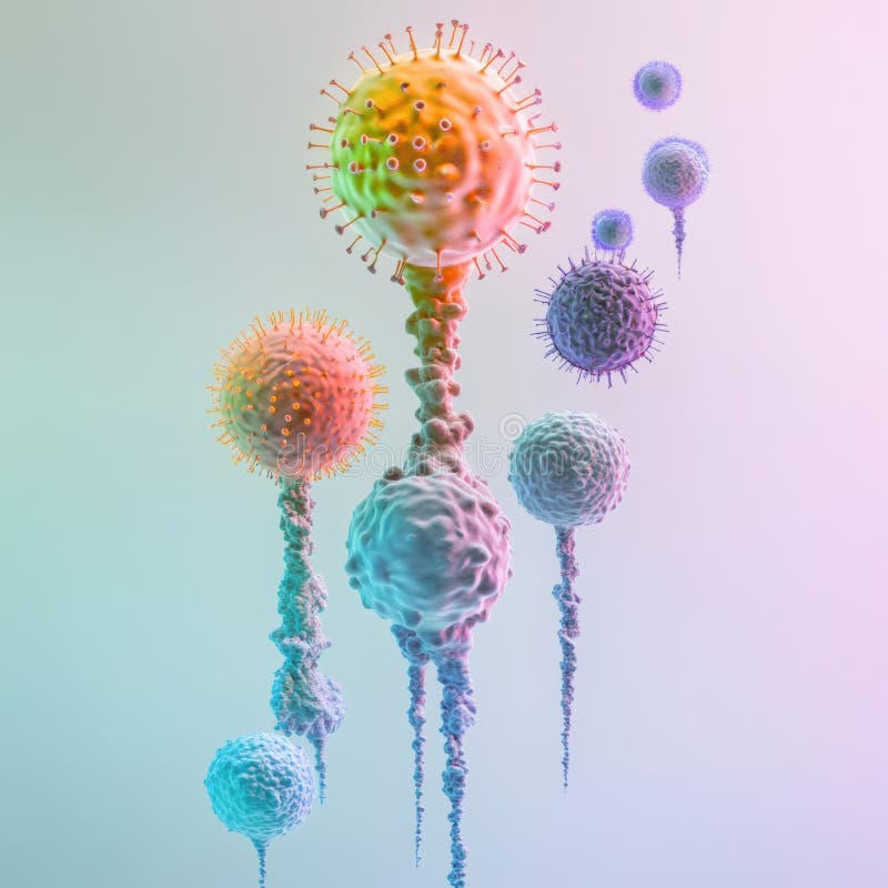 Progresia formelor de virus de la structuri simple la complexe într-o vizualizare științifică. ai generativ. Reprezentarea vizuală ilustrează diferite forme de virus care avansează de la forme de bază la structuri complexe care evidențiază complexitatea acestora. generate de