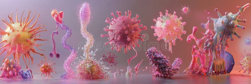 Progresia formelor de virus de la structuri simple la organisme complexe în detaliu viu. ai generativ stock photo