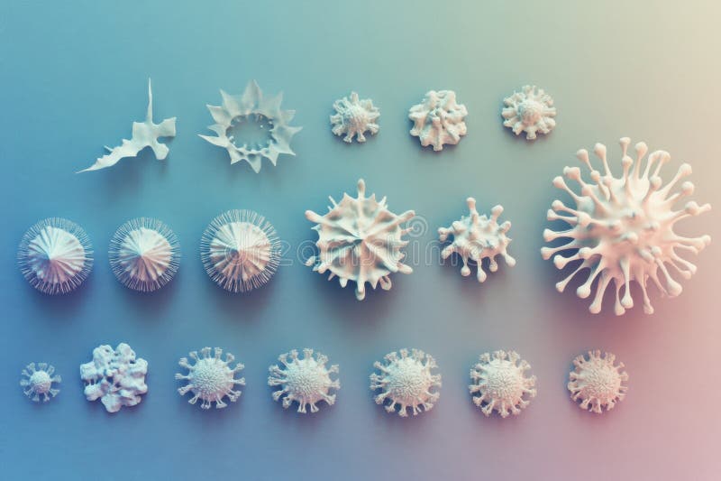 Progresia formelor de virus de la structurile de bază la formele complexe care ilustrează creșterea și diversitatea biologică stock photos