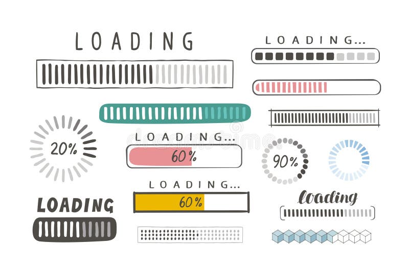 Progress loading bar, set of icons. Load symbol. Hand-drawn sketch vector stock illustration
