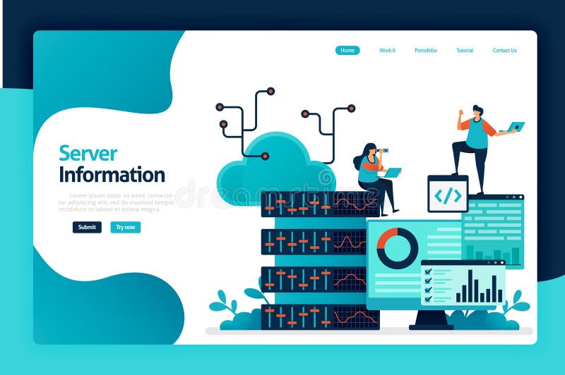 Proiectare pagină de aterizare cu informații despre server. să reglementeze fluxul de informații în centrul de date pentru servere stock illustration