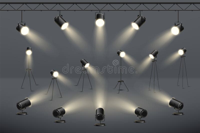 Proiectoarele fazelor de vârf ale studioului pentru lămpi 3d. lumini fotografice pentru concerte sau pentru filme, cu vedere la ve royalty free illustration