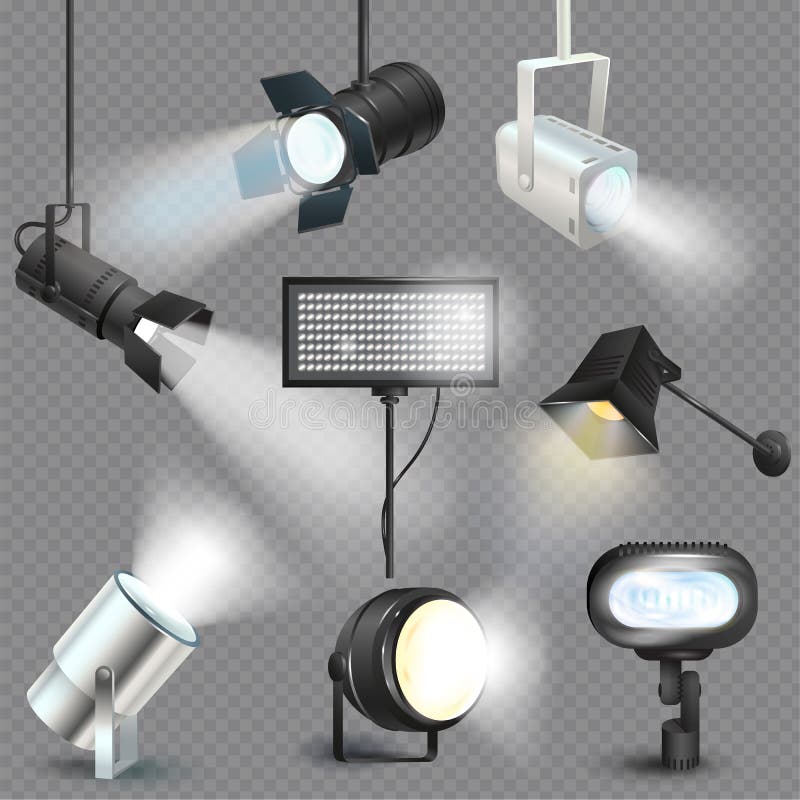 Proiectoarele luminilor în lumina reflectoarelor arată studioul cu lămpi spot pe scena teatrului, ilustrare set de lumini proiecto stock illustration