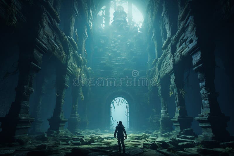 Proiezione cinematografica di un personaggio che esplora misteriose rovine subacquee royalty illustrazione gratis