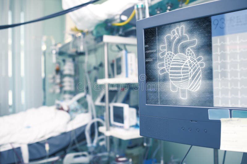 Proiezione del cuore sul monitor paziente come concetto del futurista fotografia stock Proiezione del cuore sul monitor paziente come concetto del futurista fotografia stock
