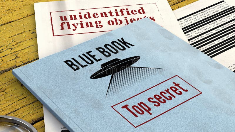 Project Blue Book was the code name for the systematic study of unidentified flying objects by the United States Air Force. Declassified documents and files, top secret files on a table. 3d rendering. Project Blue Book was the code name for the systematic study of unidentified flying objects by the United States Air Force. Declassified documents and files, top secret files on a table. 3d rendering