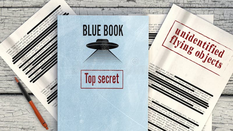 Project Blue Book was the code name for the systematic study of unidentified flying objects by the United States Air Force. Declassified documents and files, top secret files on a table. 3d rendering. Project Blue Book was the code name for the systematic study of unidentified flying objects by the United States Air Force. Declassified documents and files, top secret files on a table. 3d rendering