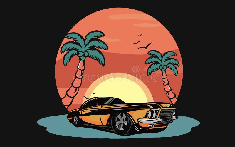 Car in beach sunset digital art