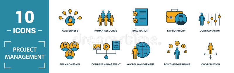 Project Management icon set. Include creative elements goal seeking, virtual team, budget, global management, team cohesion icons vector illustration