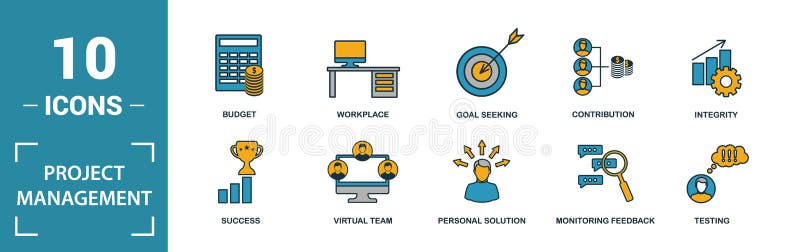 Project Management icon set. Include creative elements goal seeking, virtual team, budget, global management, team cohesion icons stock illustration