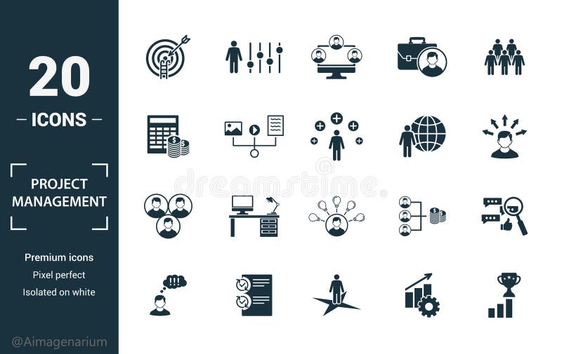 Project Management icon set. Include creative elements goal seeking, virtual team, budget, global management, team cohesion icons vector illustration