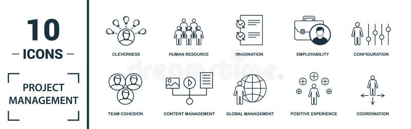 Project Management icon set. Include creative elements goal seeking, virtual team, budget, global management, team cohesion icons stock illustration