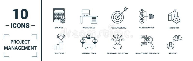 Project Management icon set. Include creative elements goal seeking, virtual team, budget, global management, team cohesion icons vector illustration