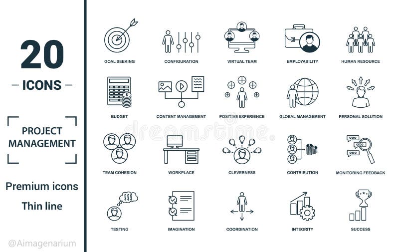 Project Management icon set. Include creative elements goal seeking, virtual team, budget, global management, team cohesion icons vector illustration