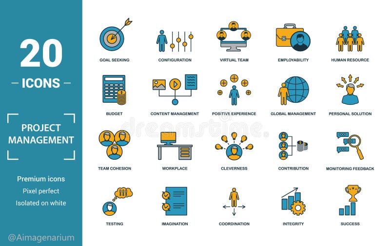 Project Management icon set. Include creative elements goal seeking, virtual team, budget, global management, team cohesion icons stock illustration