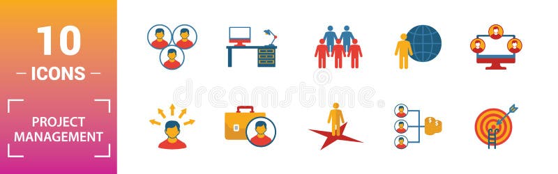Project Management icon set. Include creative elements goal seeking, virtual team, budget, global management, team cohesion icons vector illustration