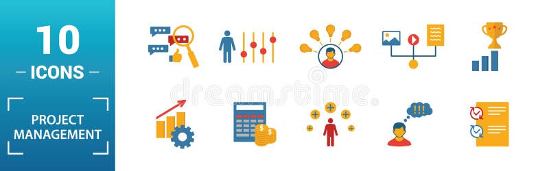 Project Management icon set. Include creative elements goal seeking, virtual team, budget, global management, team cohesion icons royalty free illustration