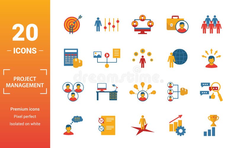 Project Management icon set. Include creative elements goal seeking, virtual team, budget, global management, team cohesion icons royalty free illustration