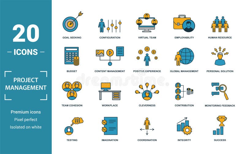 Project Management icon set. Include creative elements goal seeking, virtual team, budget, global management, team cohesion icons royalty free illustration