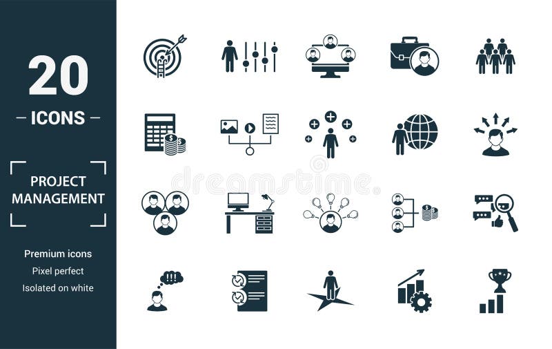 Project Management icon set. Include creative elements goal seeking, virtual team, budget, global management, team cohesion icons stock illustration