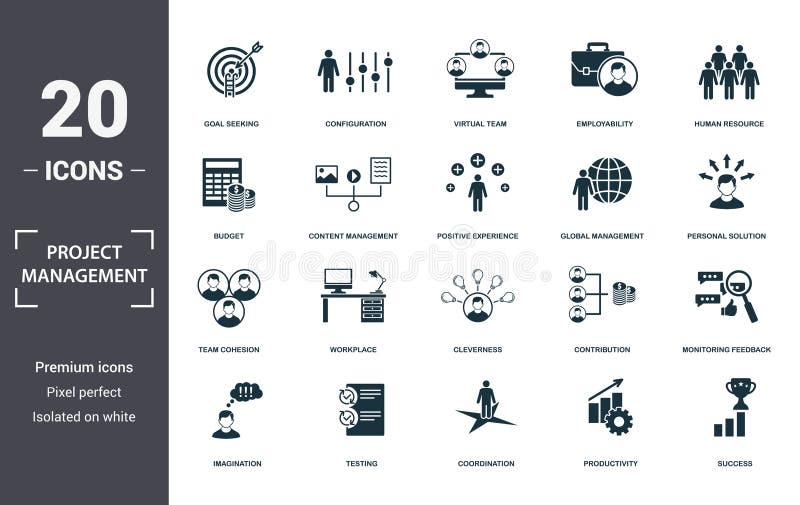 Project Management icons set collection. Includes simple elements such as Goal Seeking, Configuration, Virtual Team, Employability vector illustration