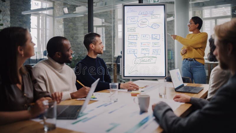 Project Manager Makes a Presentation for a Young Diverse Creative Team in Meeting Room in an Agency royalty free stock photos