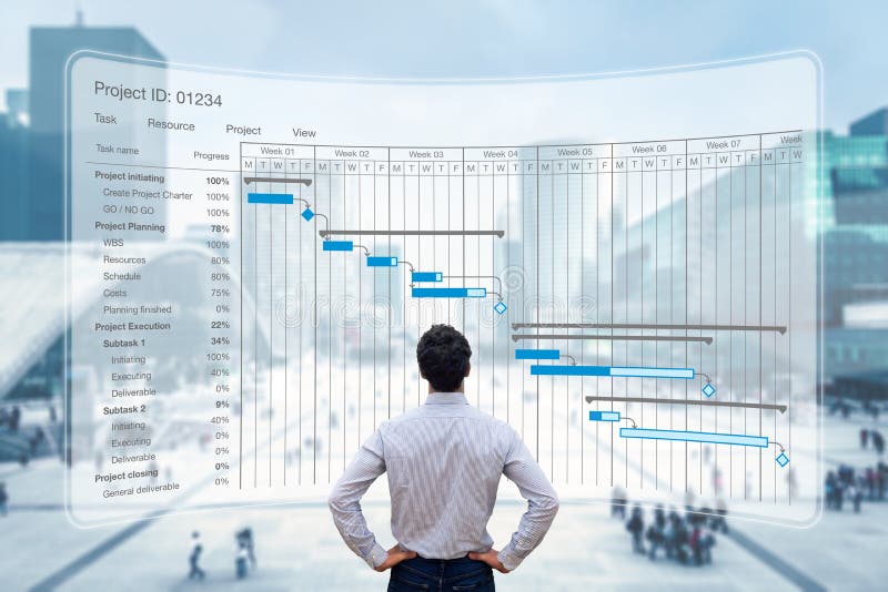 Project manager working with Gantt chart planning schedule, tracking milestones and deliverables and updating tasks progress stock image