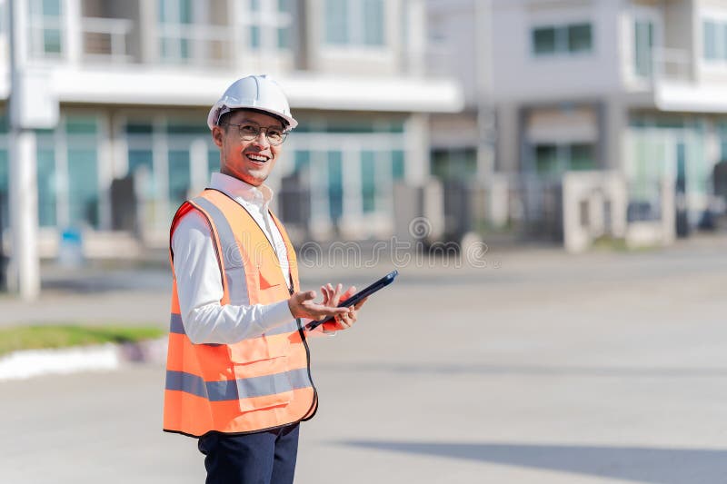 The project owner is inspecting the construction of a new house, and the engineer or architect or quality control contractor stock photo