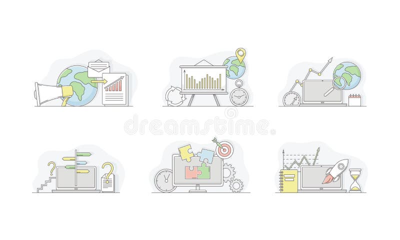 Project start up business strategy. Starting of new project, rocket launch on laptop, business planning vector stock illustration