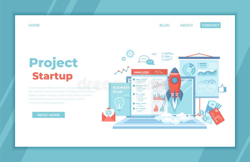 Project Startup. Financial planning Idea Strategy Management Realization Success. Rocket launch, laptop, report, business plan, royalty free illustration Project Startup. Financial planning Idea Strategy Management Realization Success. Rocket launch, laptop, report, business plan, royalty free illustration