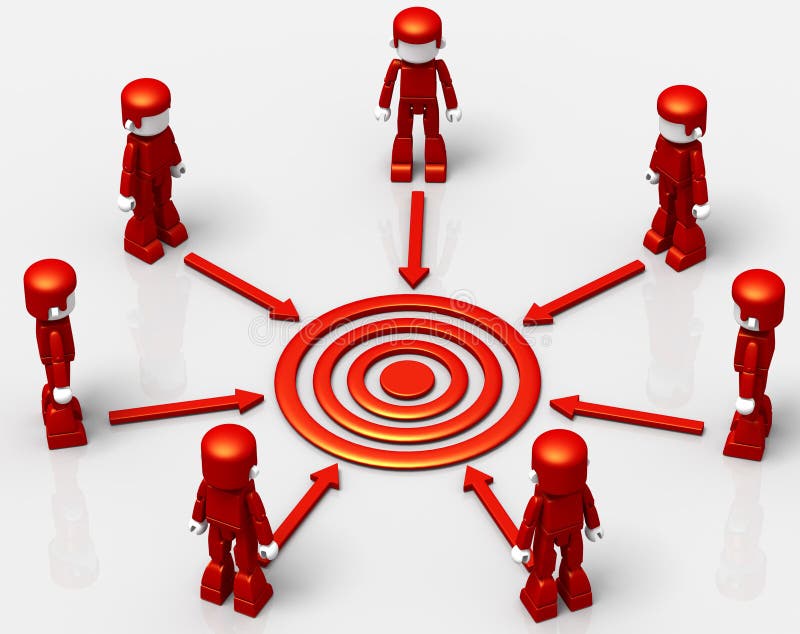 3D rendered illustration of team standing in a circle, over arrow signs aiming at a target sign at the center of the team. Aiming target illustrations