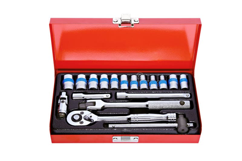 Various sizes of sockets and handles in a workshop tool box. Clipping path. Various sizes of sockets and handles in a workshop tool box. Clipping path