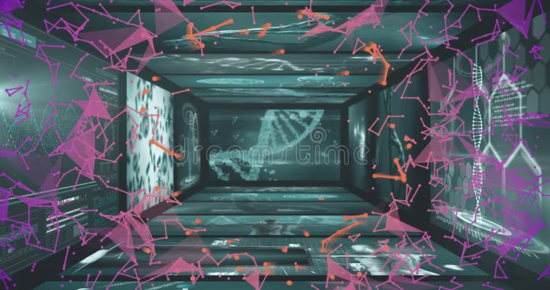 Projecting central DNA helix motif along digital tunnel in research lab, with floating data nodes. Futuristic, technology, innovation, digital, scientific, data, abstract. Gene sequence stock images, royalty-free photos and pictures