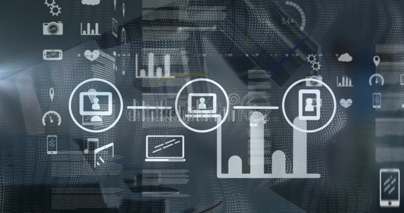Projecting network diagram linking monitor and smartphone icons in high-tech hub, with cloud icons vector illustration