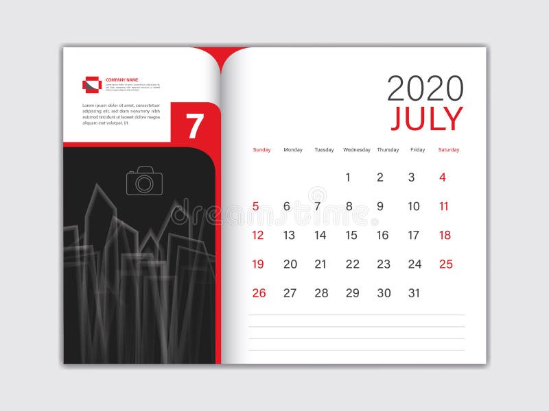 Projekt kalendarza 2020 Vector, szablon kalendarza biurkowego 2020, lipiec, koncepcja czerwona, początek tygodnia w niedzielę, te ilustracja wektor Projekt kalendarza 2020 Vector, szablon kalendarza biurkowego 2020, lipiec, koncepcja czerwona, początek tygodnia w niedzielę, te ilustracja wektor