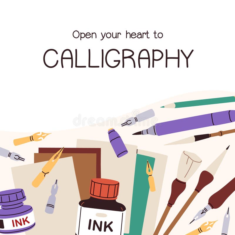 Projekt karty kaligraficznej. cytat frazy z narzędzi do pisania grafiki kaligraficznej i literackiej. słupek kwadratowy ilustracja wektor