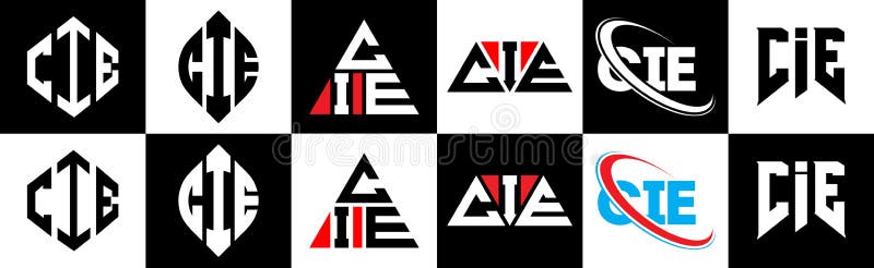 Projekt logo z literem typu cie w sześciu wersjach. Trójkąt prosty i płaski o kształcie wielokąta o kolorze czarno-białym