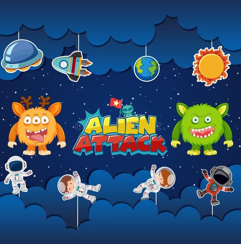 Projekt plakatu ataku kosmitów i astronautów ilustracja wektor